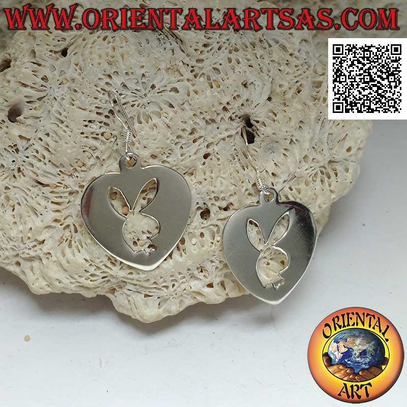 Silver pendant earrings in the shape of a plectrum with perforated Playboy bunny