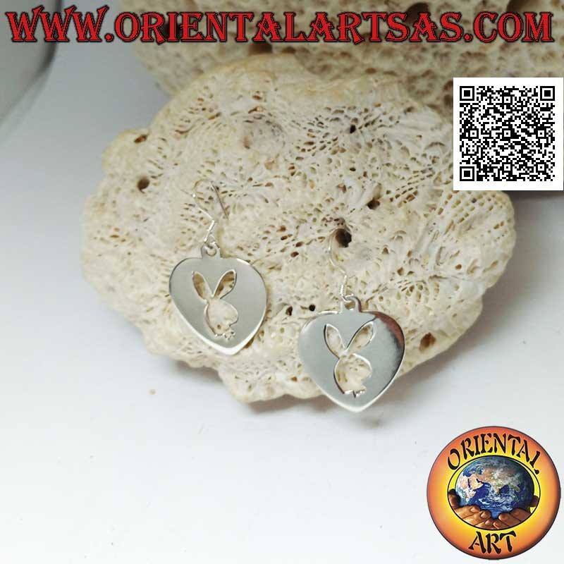 Silver pendant earrings in the shape of a plectrum with perforated Playboy bunny