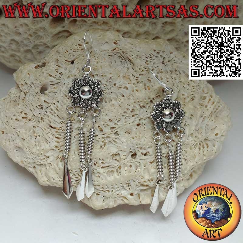Silver earrings with embroidered daisy and three pendants