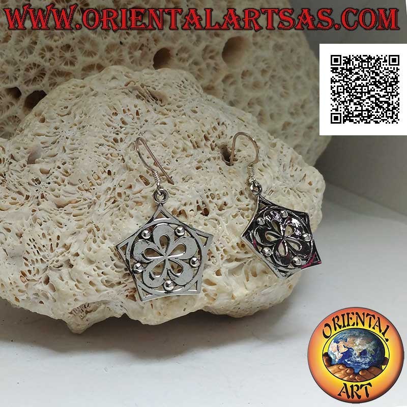 Silver pendant earrings with smooth five-petaled flower in the circle and pentagon