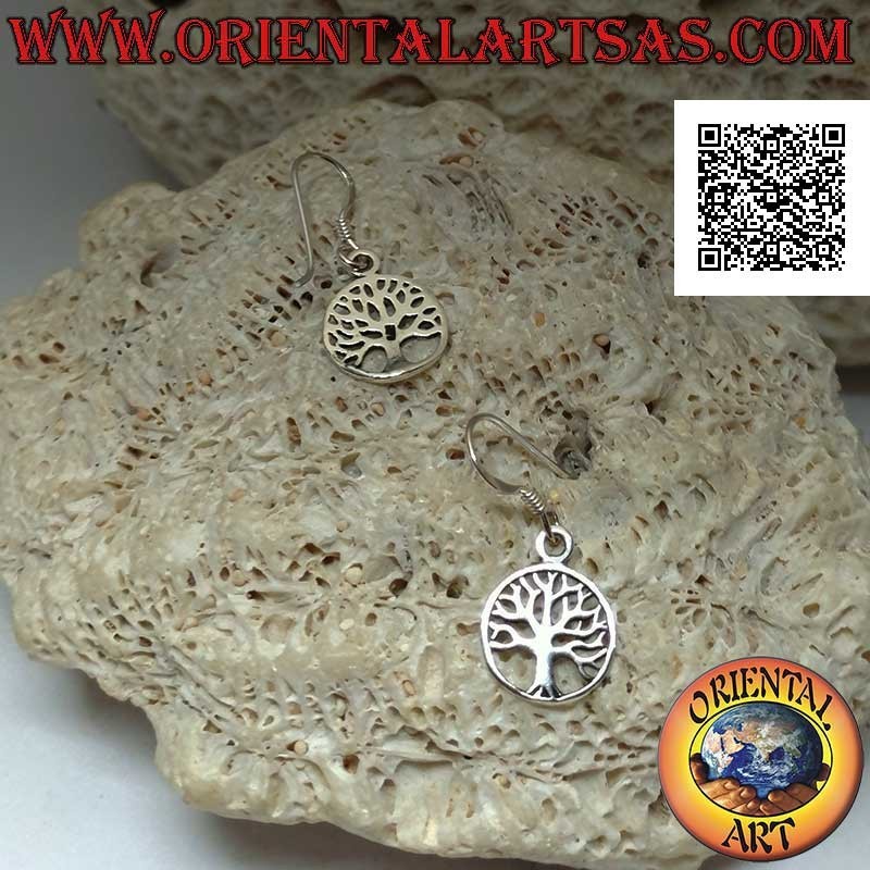 Pendientes colgantes de plata con árbol de la vida sencillo y liso en círculo (Ø 11 mm)