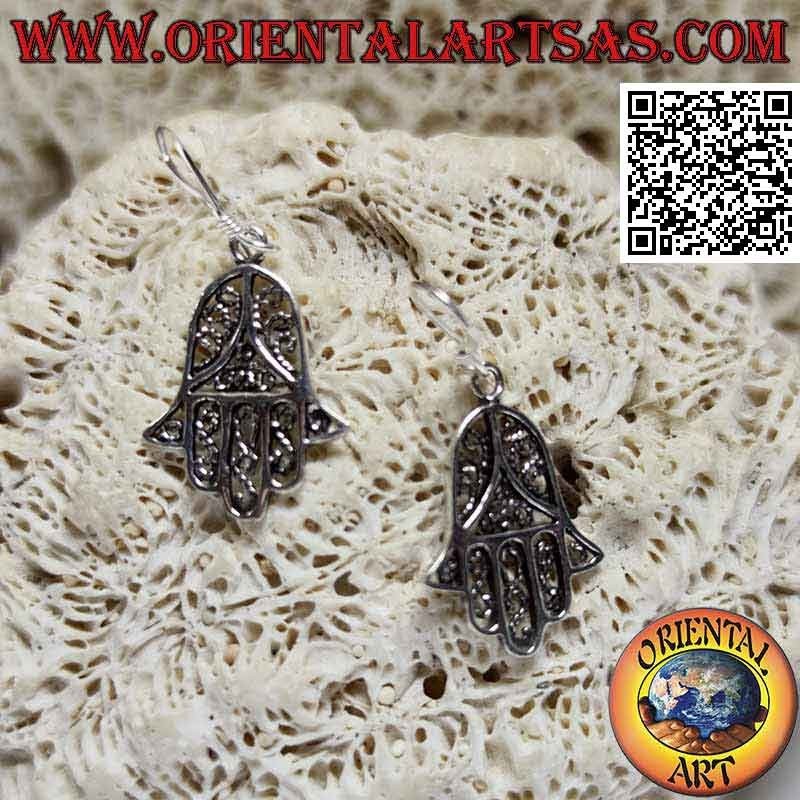 Silver earrings with hand of Fatima pendant with openwork