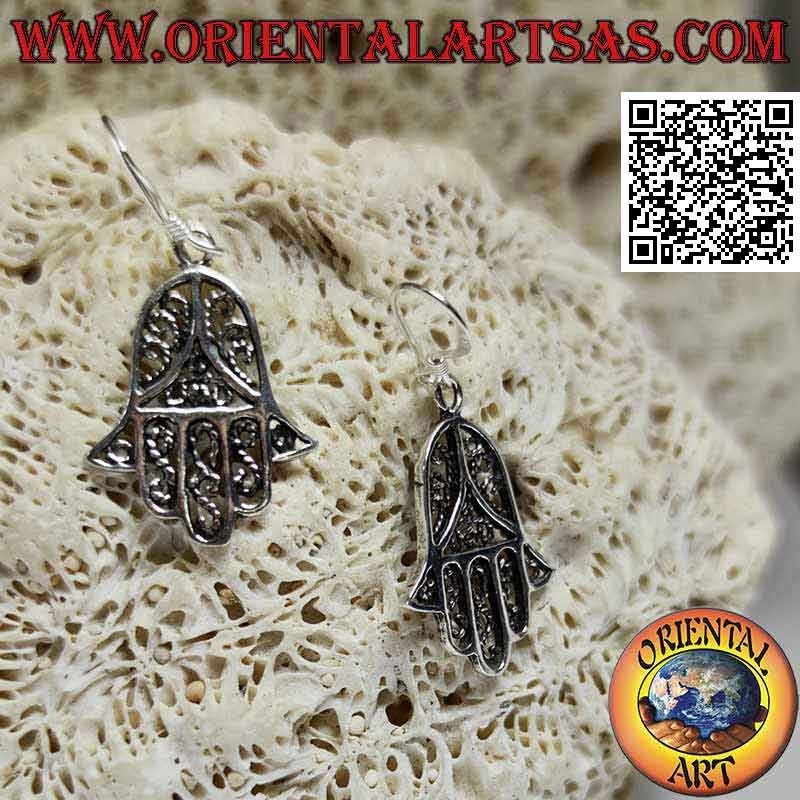 Boucles d'oreilles en argent avec pendentif main de Fatima avec traitement ajouré