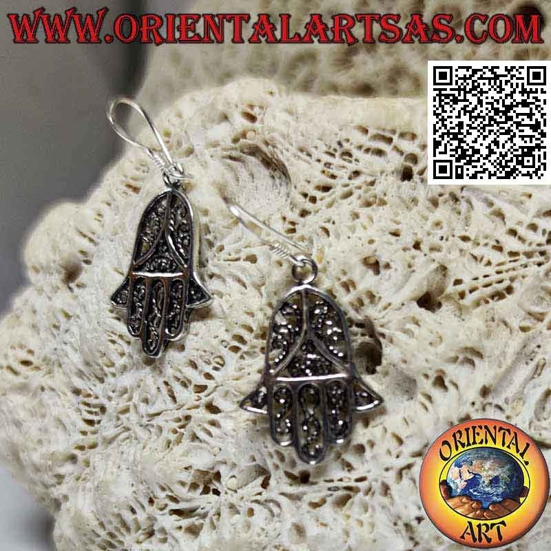 Boucles d'oreilles en argent avec pendentif main de Fatima avec traitement ajouré