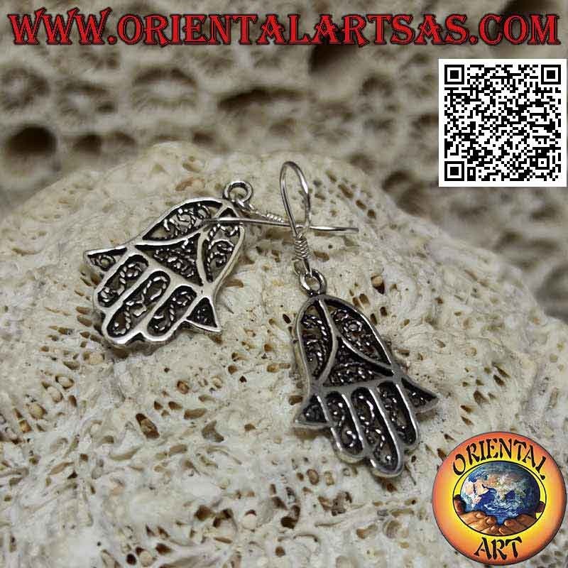 Silver earrings with hand of Fatima pendant with openwork