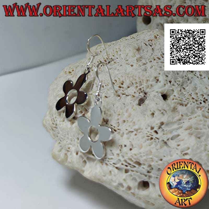 Silver pendant earrings with smooth five-petal flower and perforated in the center