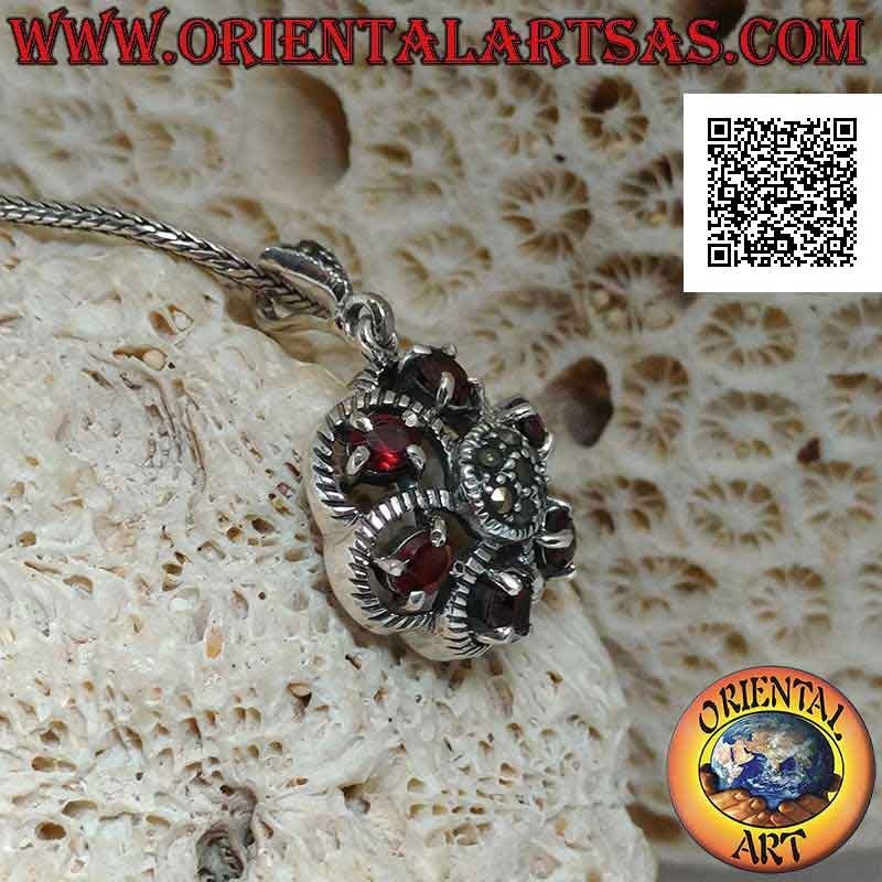 Silver pendant with hexagonal dome studded with marcasite with six natural garnets set