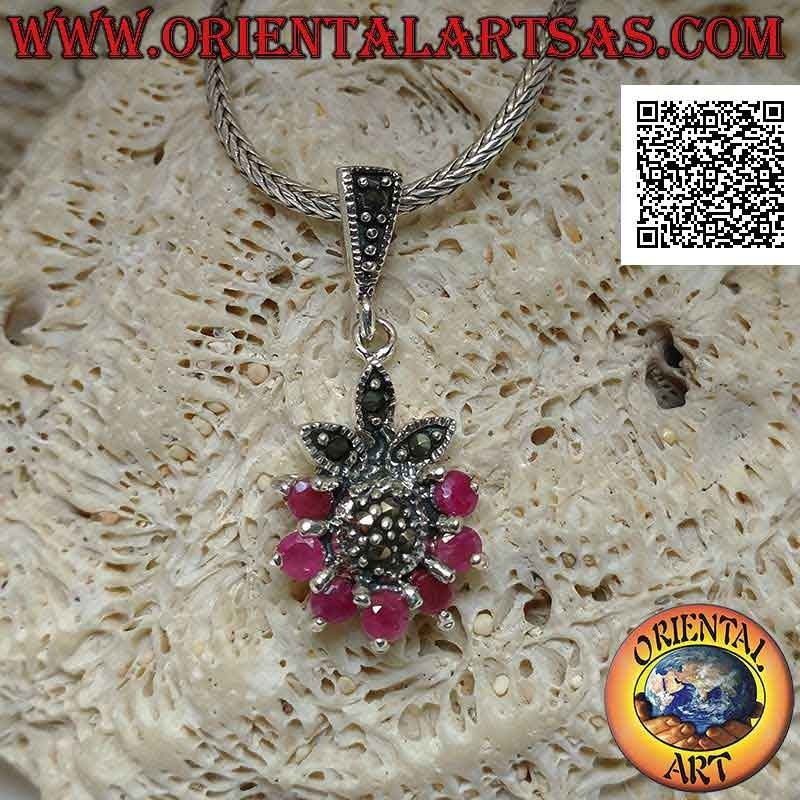 Silver pendant, flower of six natural rubies set in a semicircle and petals and center of marcasite