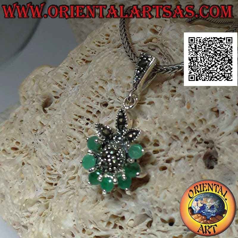 Silver pendant, flower of six natural emeralds set in a semicircle and petals and center of marcasite