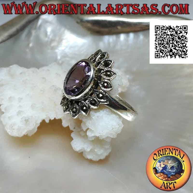 Silver ring with natural oval faceted amethyst surrounded by oval petals with marcasite