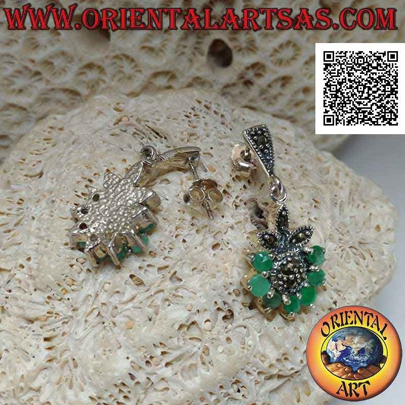 Silver earrings, flower of six natural emeralds set in a semicircle and petals and center of marcasite