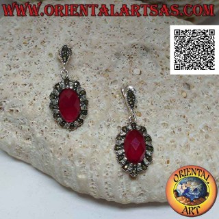 Silver earrings with synthetic oval cabochon rhombus synthetic ruby set with marcasite