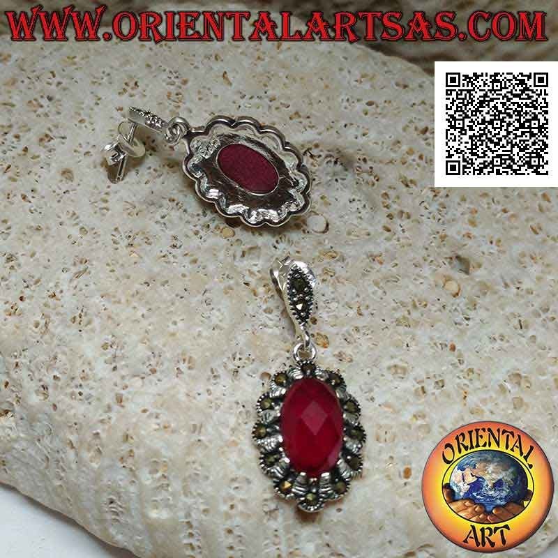 Silver earrings with synthetic oval cabochon rhombus synthetic ruby set with marcasite