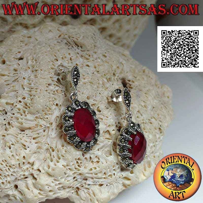 Silver earrings with synthetic oval cabochon rhombus synthetic ruby set with marcasite