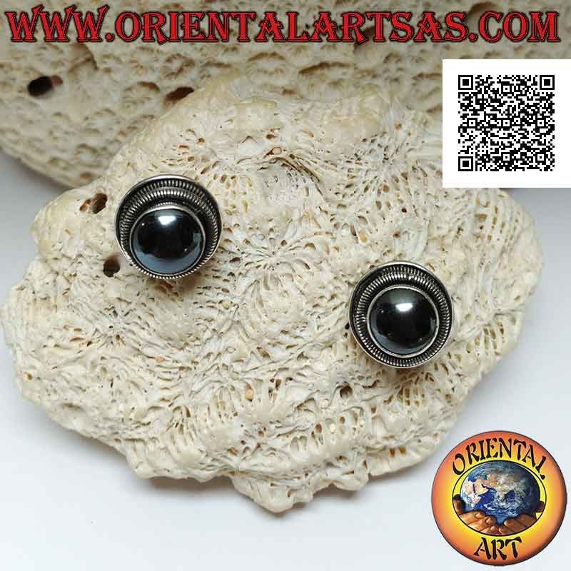 Traditional Balinese silver earrings with round hematite surrounded by discs