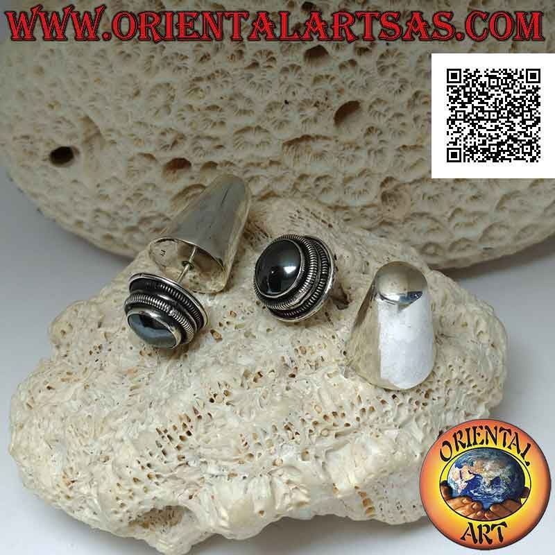 Traditional Balinese silver earrings with round hematite surrounded by discs