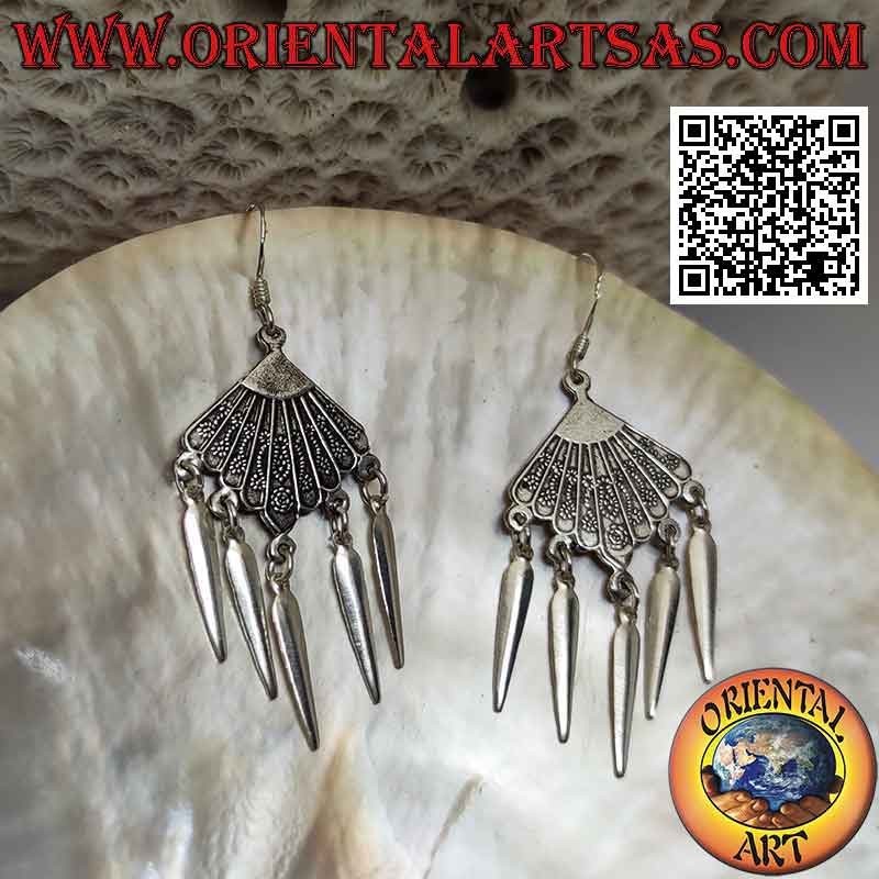 Silver leverback earrings with decorated ethnic fan and pendants