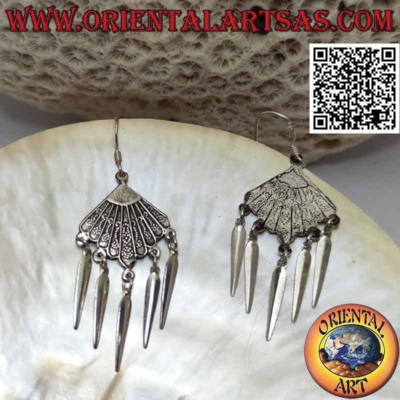 Silver leverback earrings with decorated ethnic fan and pendants