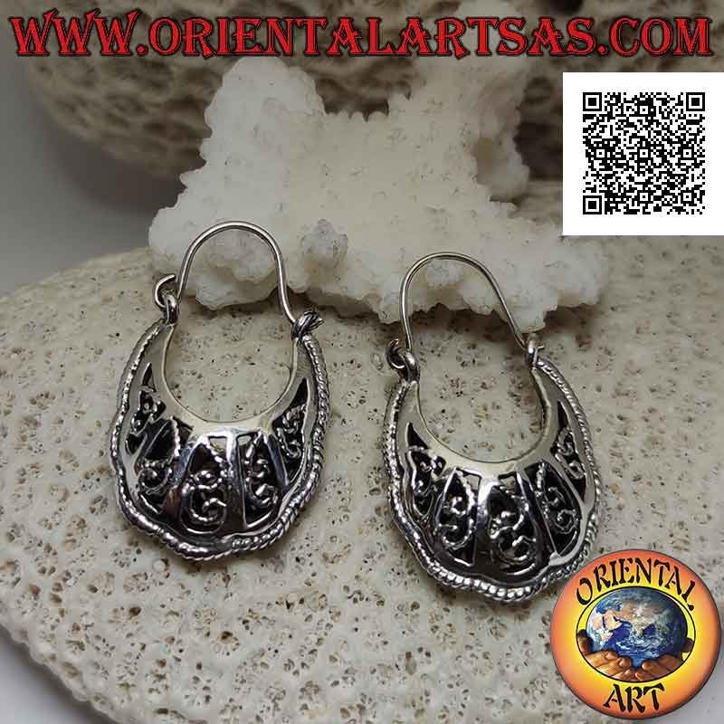 Silver "handbag" style hoop earrings with perforated ethnic decorations