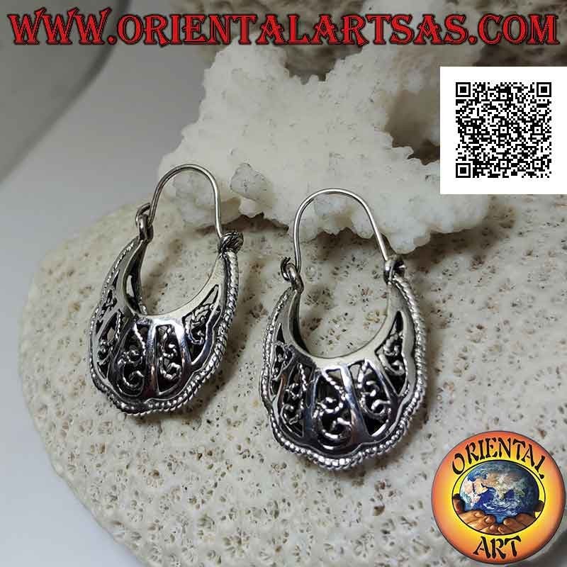 Silver "handbag" style hoop earrings with perforated ethnic decorations