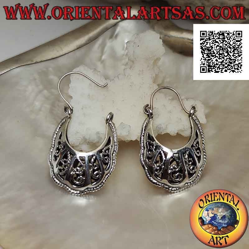 Silver "handbag" style hoop earrings with perforated ethnic decorations