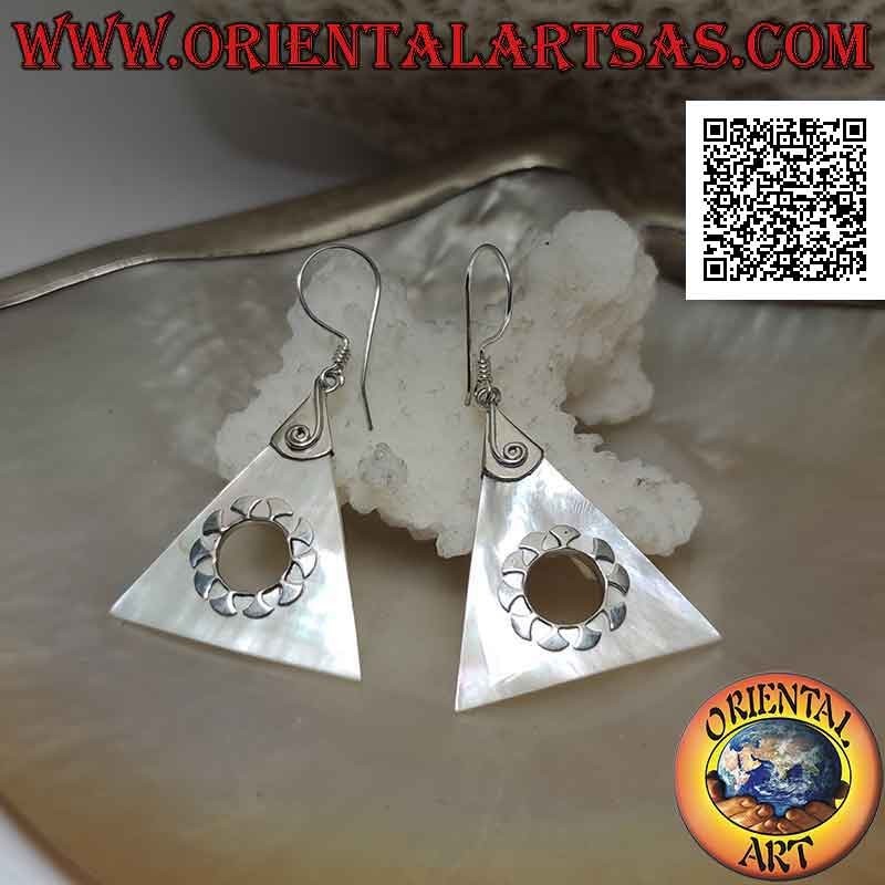 Silver earrings with triangular mother-of-pearl plate with central hole and silver decorations