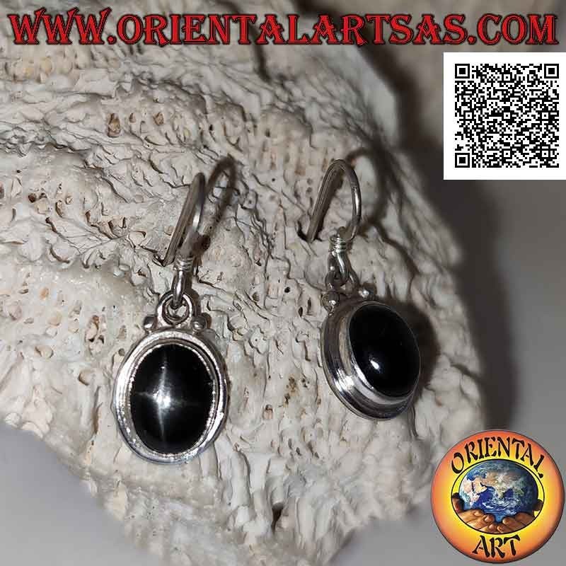 Silver earrings with cabochon oval Black Star (star diopside) and smooth protruding edge