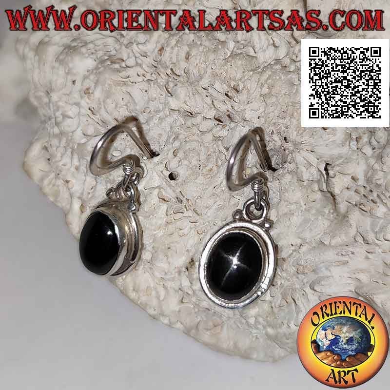 Boucles d'oreilles en argent avec cabochon ovale Black Star (étoile diopside) et bord proéminent lisse