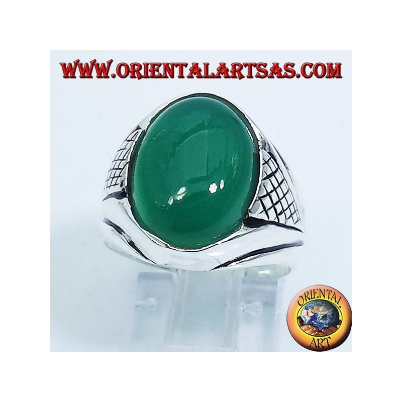 anello in argento  con agata verde  cabochon ovale 
