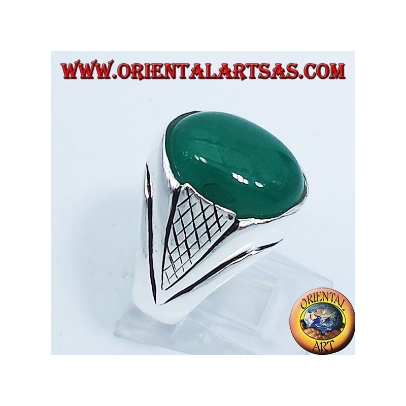anello in argento  con agata verde  cabochon ovale