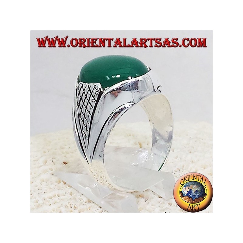 Bague en argent avec vert agate cabochon ovale