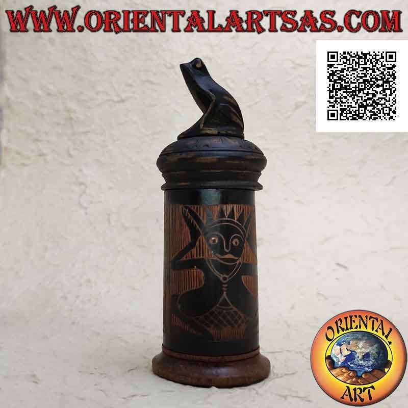 Cylindrical jewelry box with aboriginal engravings in bamboo and frog sitting in mahogany wood