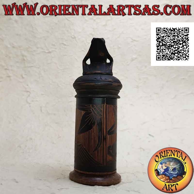 Boîte à bijoux cylindrique avec gravures aborigènes en bambou et grenouille assise en bois d'acajou