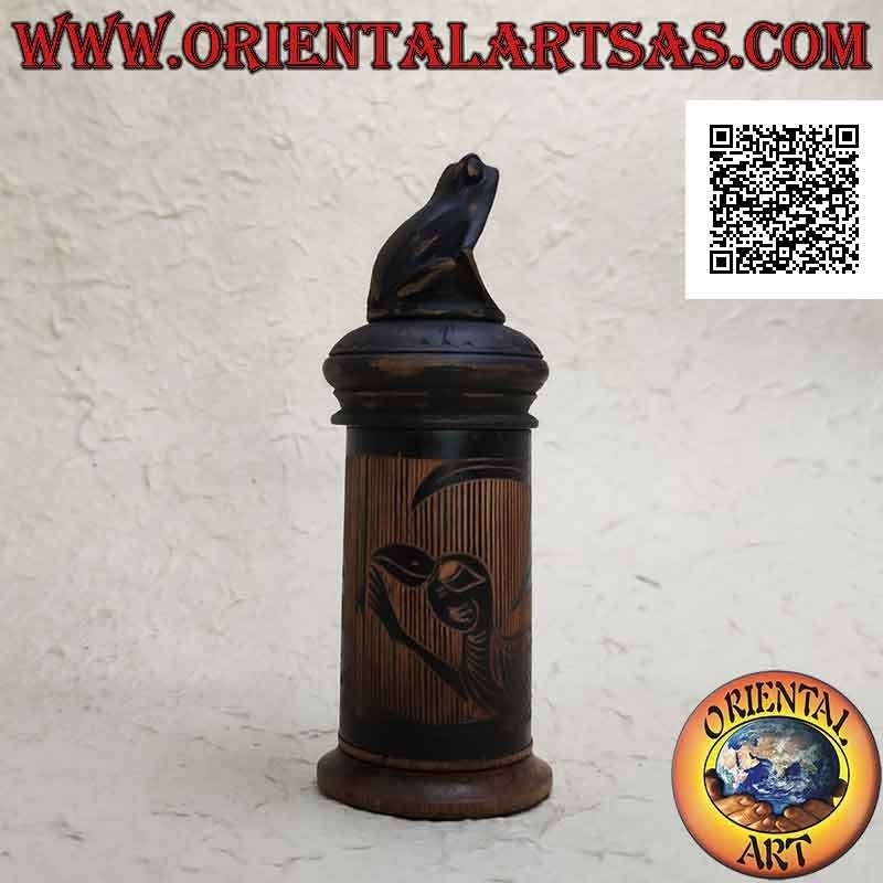 Cylindrical jewelry box with aboriginal engravings in bamboo and frog sitting in mahogany wood