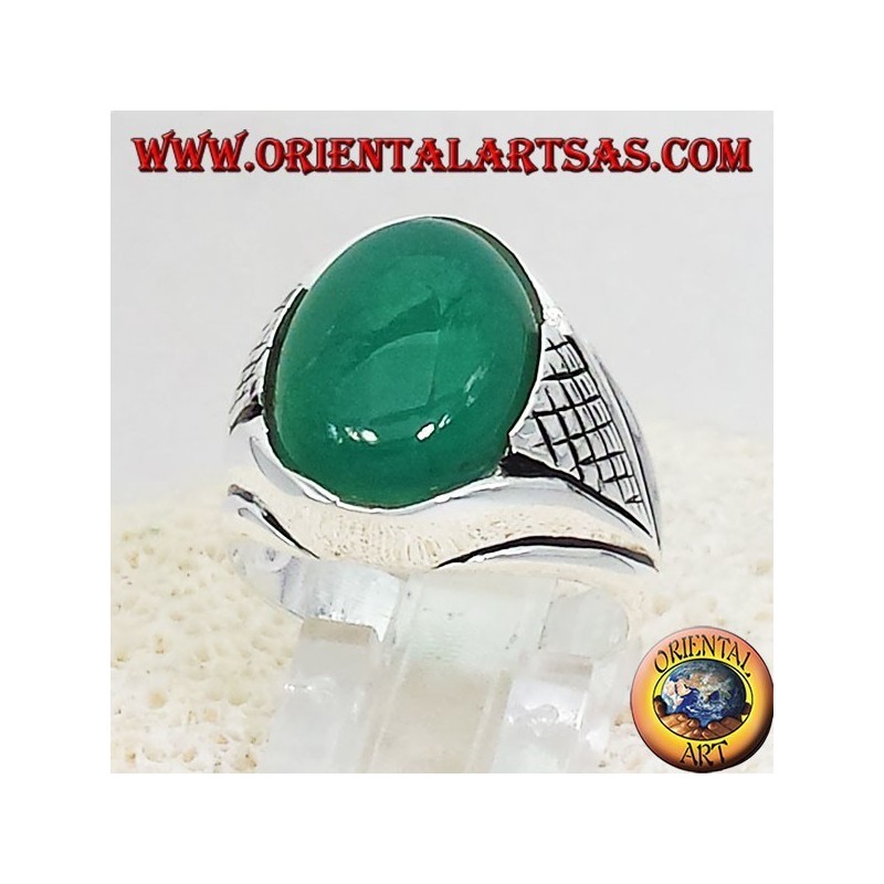silver ring with green agate cabochon oval