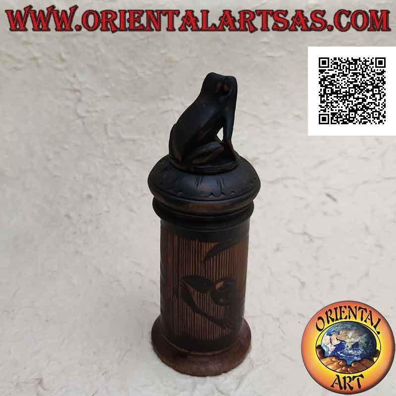 Boîte à bijoux cylindrique avec gravures aborigènes en bambou et grenouille assise en bois d'acajou