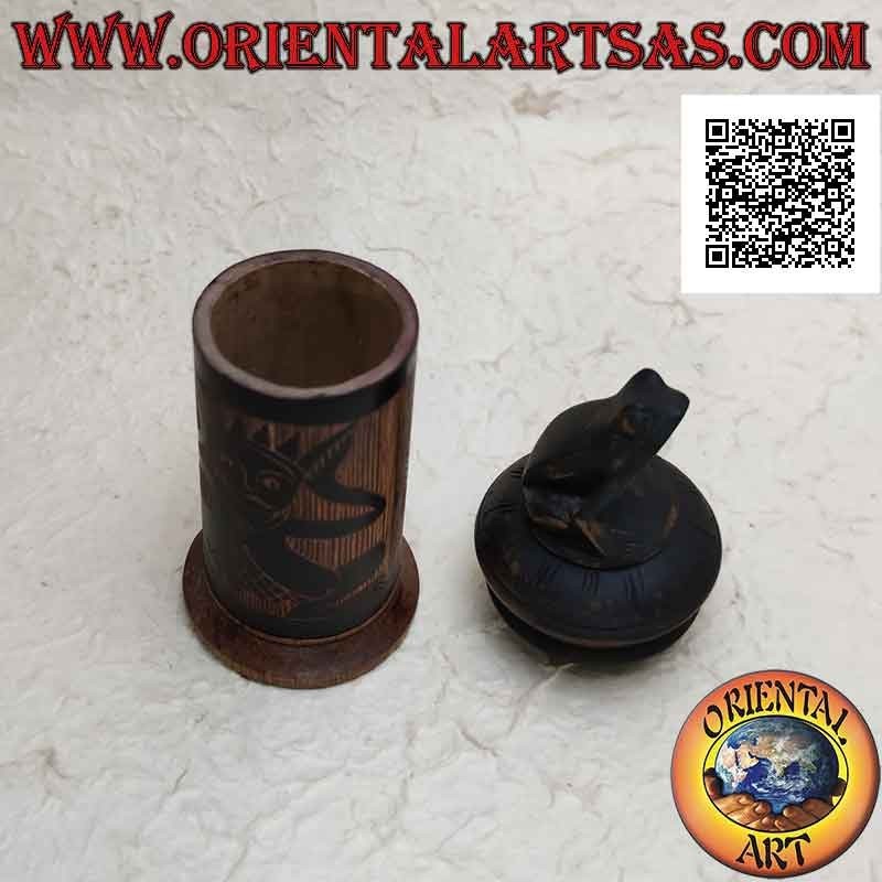 Cylindrical jewelry box with aboriginal engravings in bamboo and frog sitting in mahogany wood