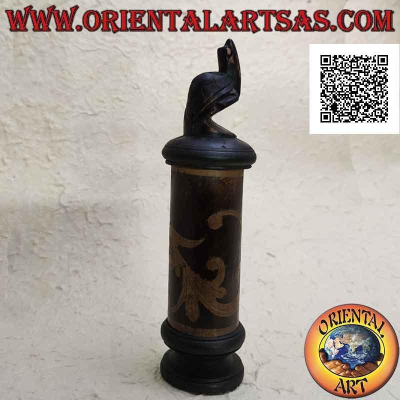 Cylindrical jewelry box with floral engravings in bamboo and turtle standing in mahogany wood