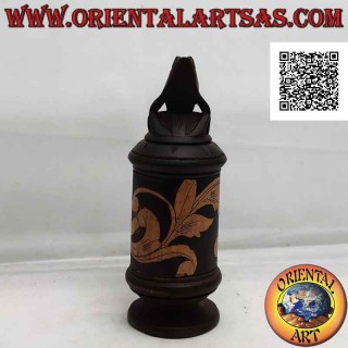 Cylindrical jewelry box with floral engravings in bamboo and frog sitting in mahogany wood