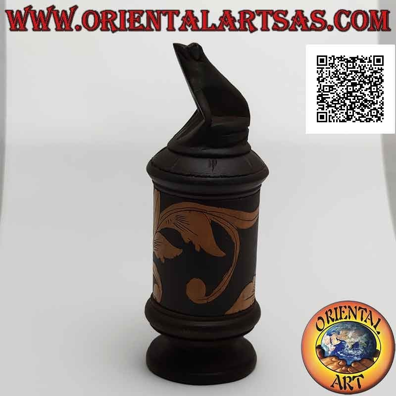 Cylindrical jewelry box with floral engravings in bamboo and frog sitting in mahogany wood