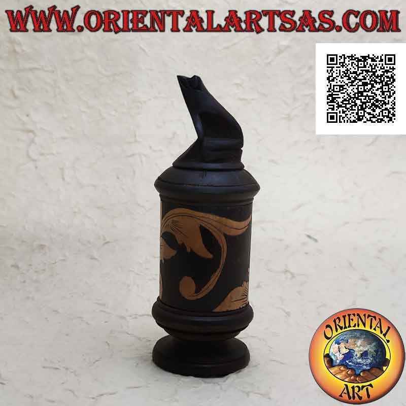 Boîte à bijoux cylindrique avec gravures florales en bambou et grenouille assise en bois d'acajou