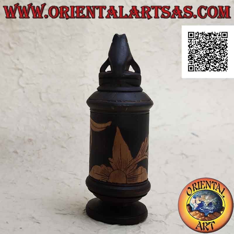 Cylindrical jewelry box with floral engravings in bamboo and frog sitting in mahogany wood