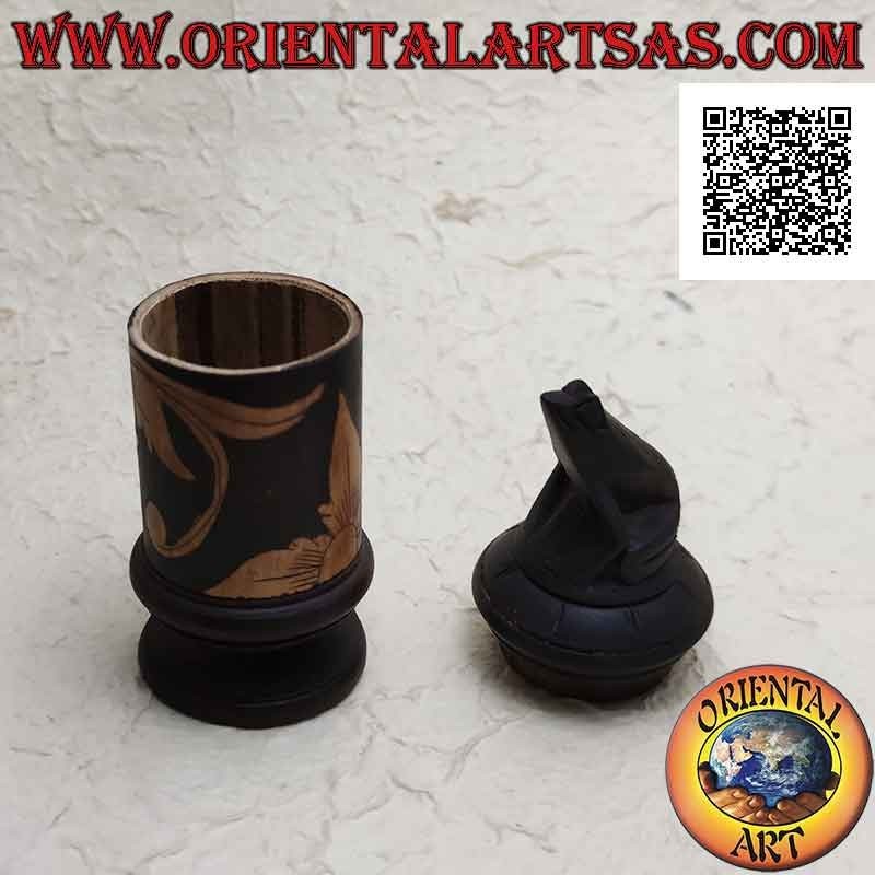 Cylindrical jewelry box with floral engravings in bamboo and frog sitting in mahogany wood