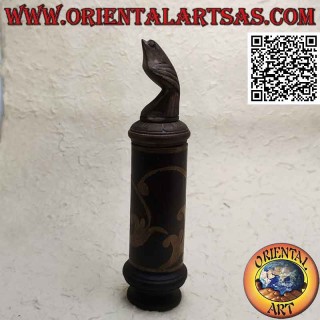 Cylindrical jewelry box with floral engravings in bamboo and bird in mahogany wood