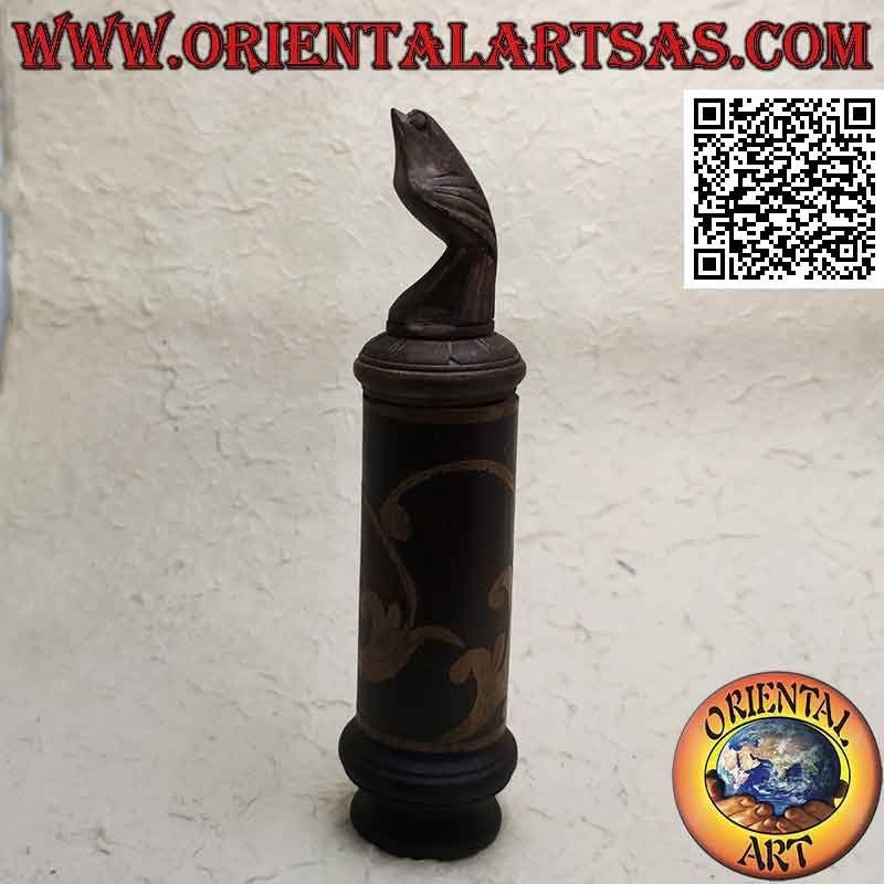 Cylindrical jewelry box with floral engravings in bamboo and bird in mahogany wood