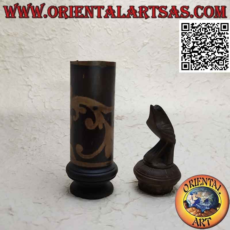 Cylindrical jewelry box with floral engravings in bamboo and bird in mahogany wood