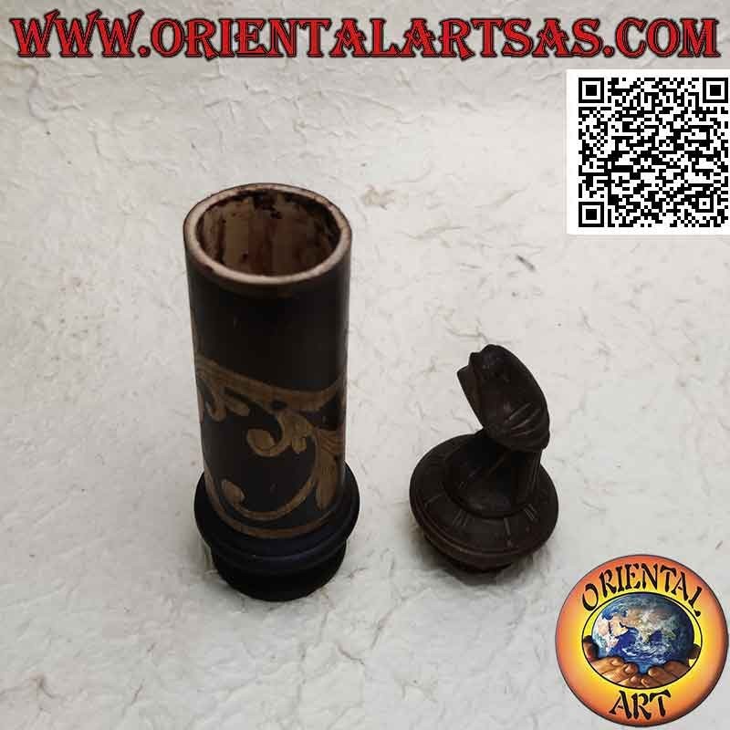 Cylindrical jewelry box with floral engravings in bamboo and bird in mahogany wood