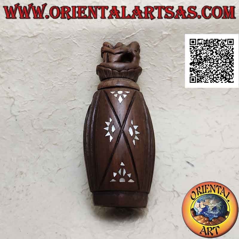 Portagioie in legno indonesiano di Shorea intagliato a mano e intarsi in madreperla con scultura della maternità