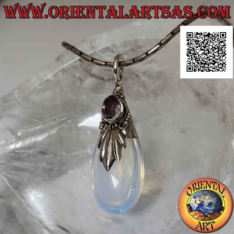 Colgante gota de plata con ópalo de mar, amatista ovalada y adornos en relieve
