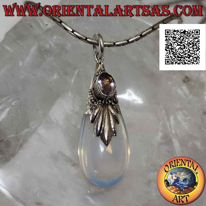 Colgante gota de plata con ópalo de mar, amatista ovalada y adornos en relieve